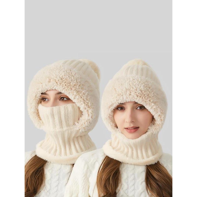 Pom Pom Ear Hooded Beanie – Cream