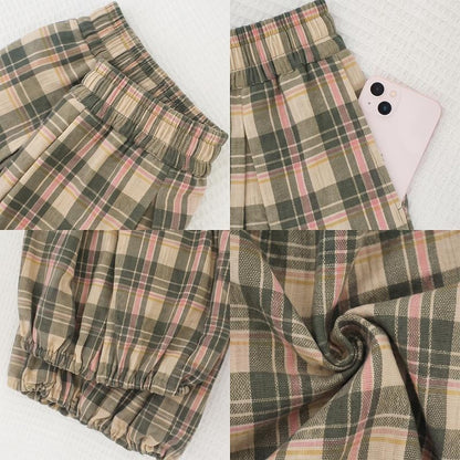 Boho plaid balloon pants details: shirred elastic waistband, side pocket, elastic ankle cuff and cotton twill