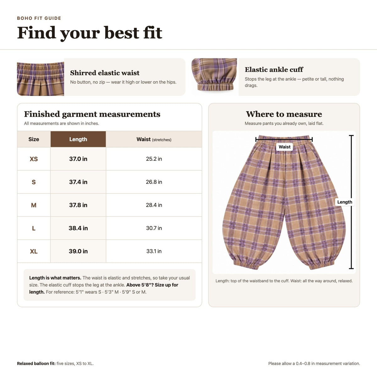 Boho fit guide: find your best fit, five sizes XS to XL, length and stretch waist in inches