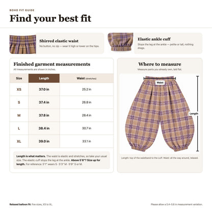 Boho fit guide: find your best fit, five sizes XS to XL, length and stretch waist in inches