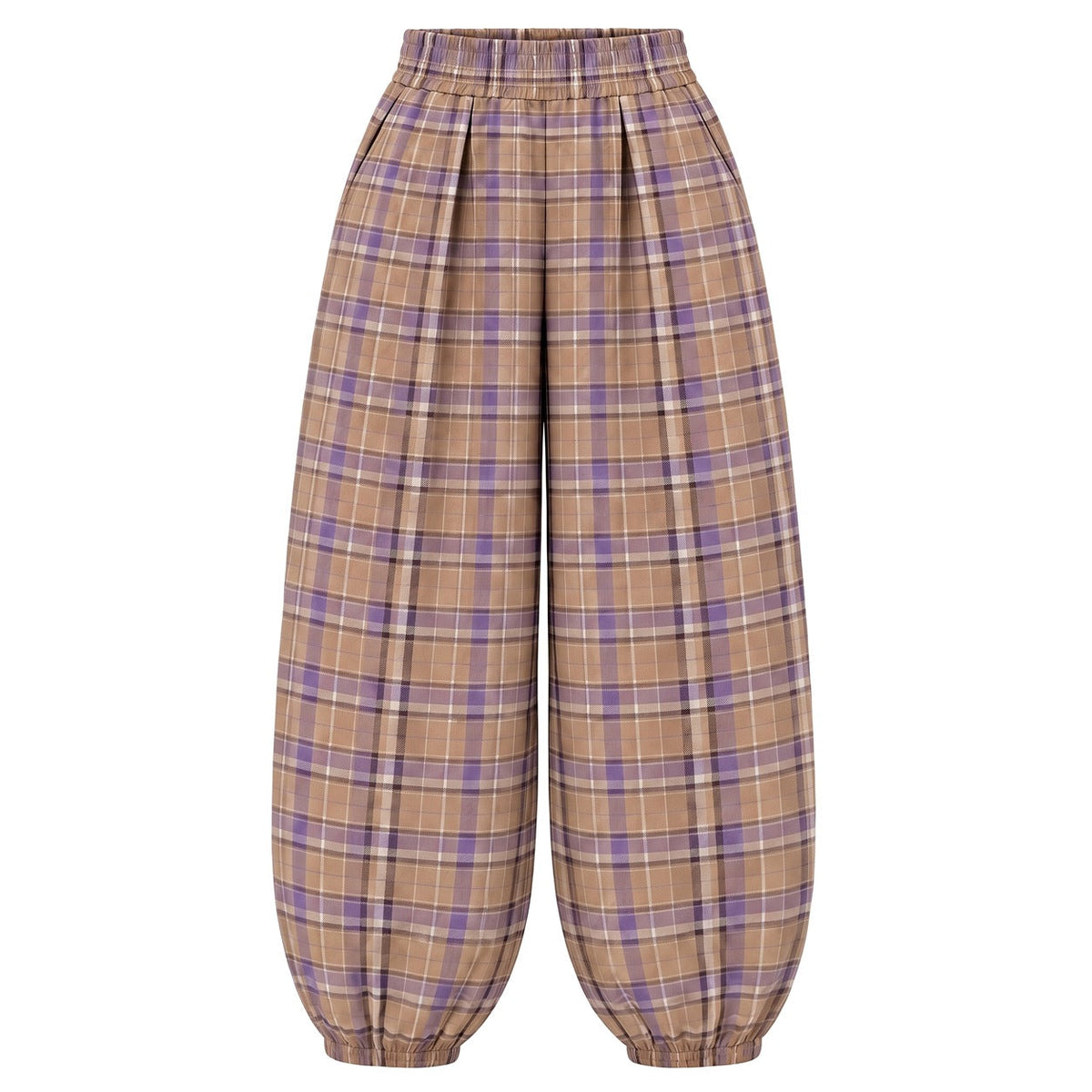 Boho cotton plaid balloon pants in Lavender, front view on a white background