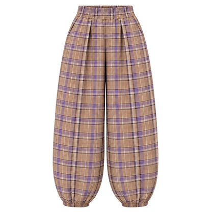 Boho cotton plaid balloon pants in Lavender, front view on a white background