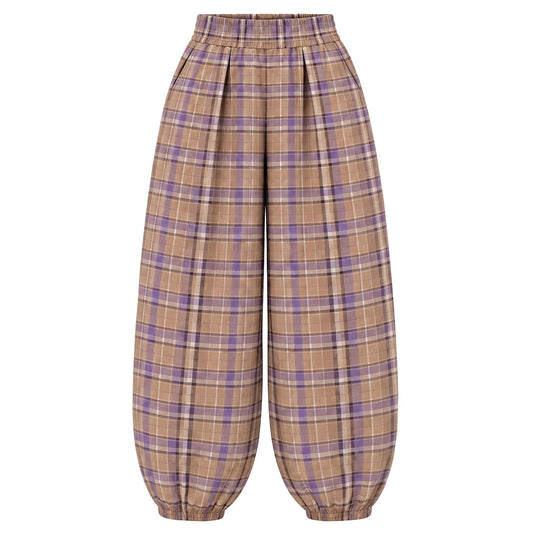 Boho cotton plaid balloon pants in Lavender, front view on a white background