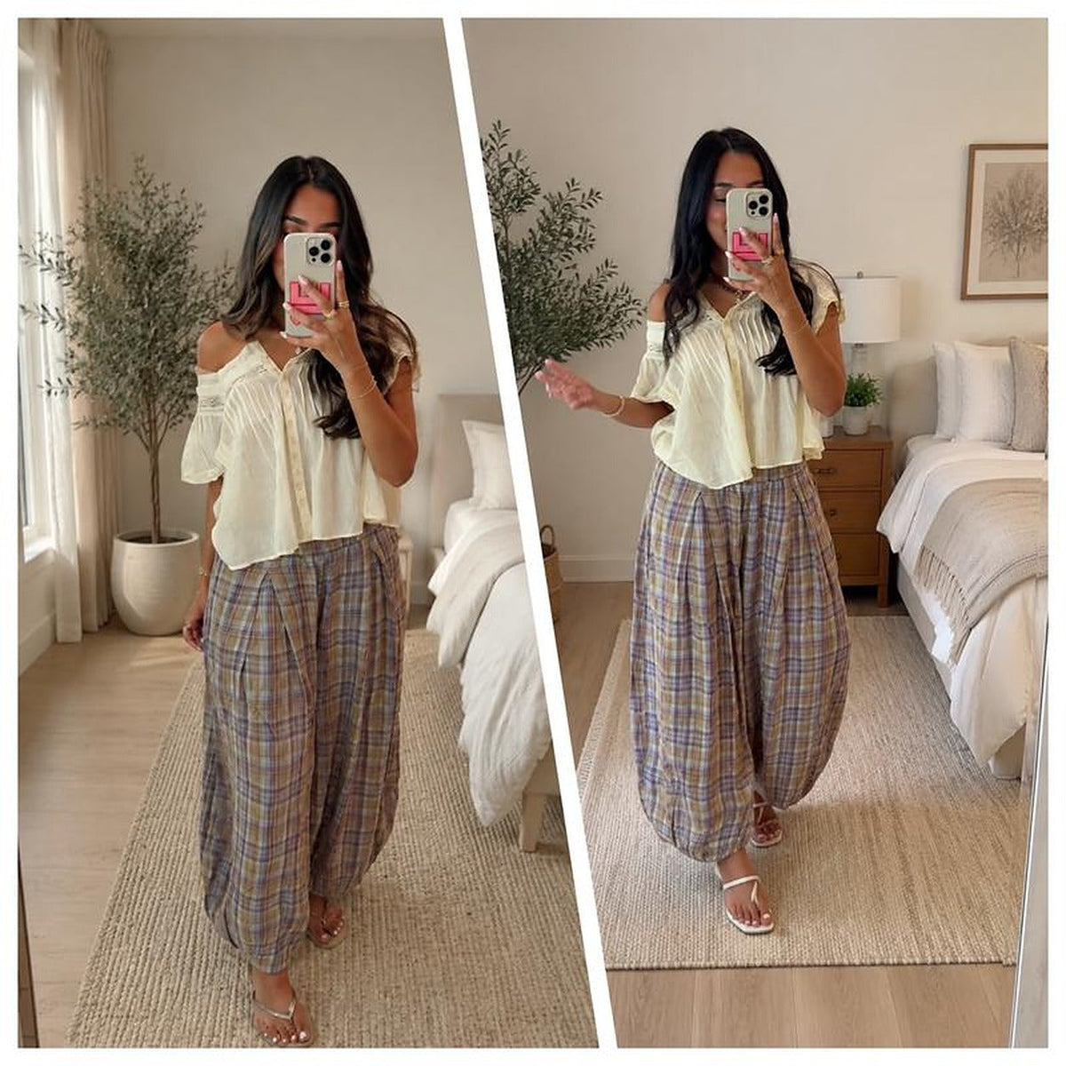 Woman wearing the Boho plaid balloon pants in Lavender, mirror selfie with a cropped top