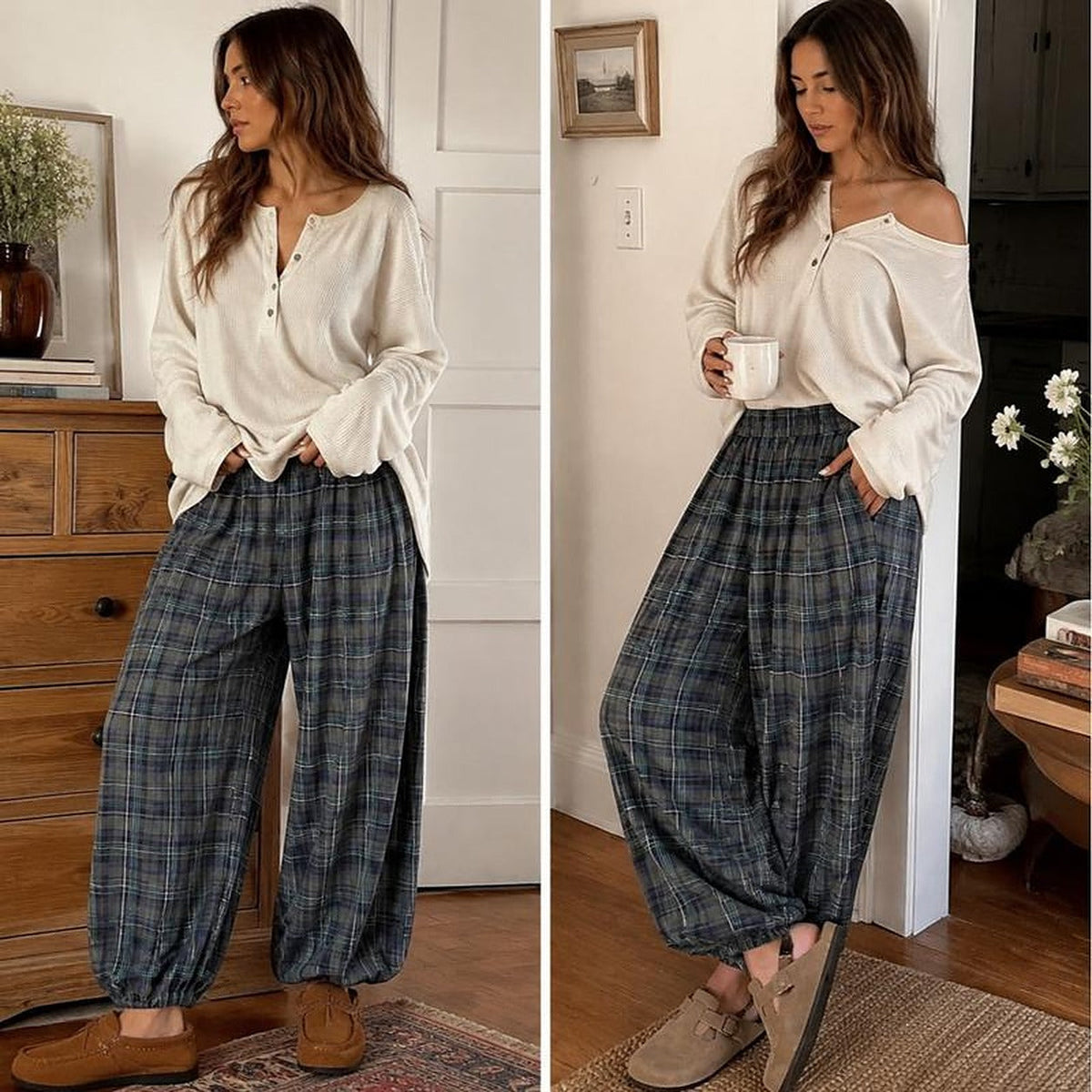 Woman wearing the Boho plaid balloon pants in Dark Forest with a relaxed henley, hands in the pockets