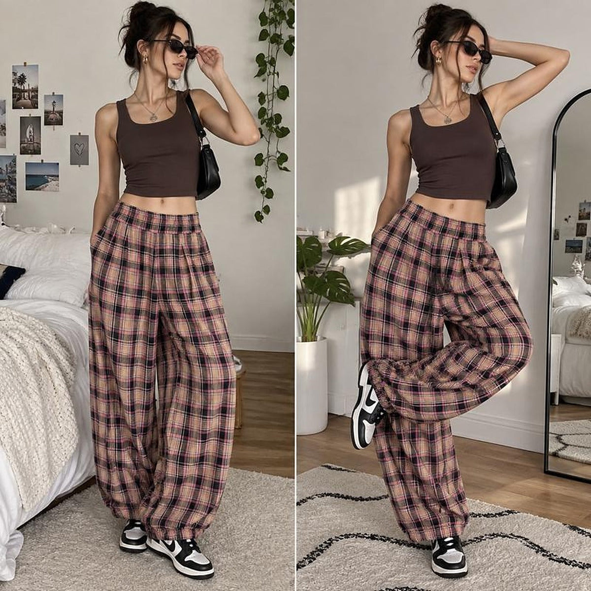 Woman wearing the Boho plaid balloon pants in Dusk Plaid with a cropped tank and sneakers