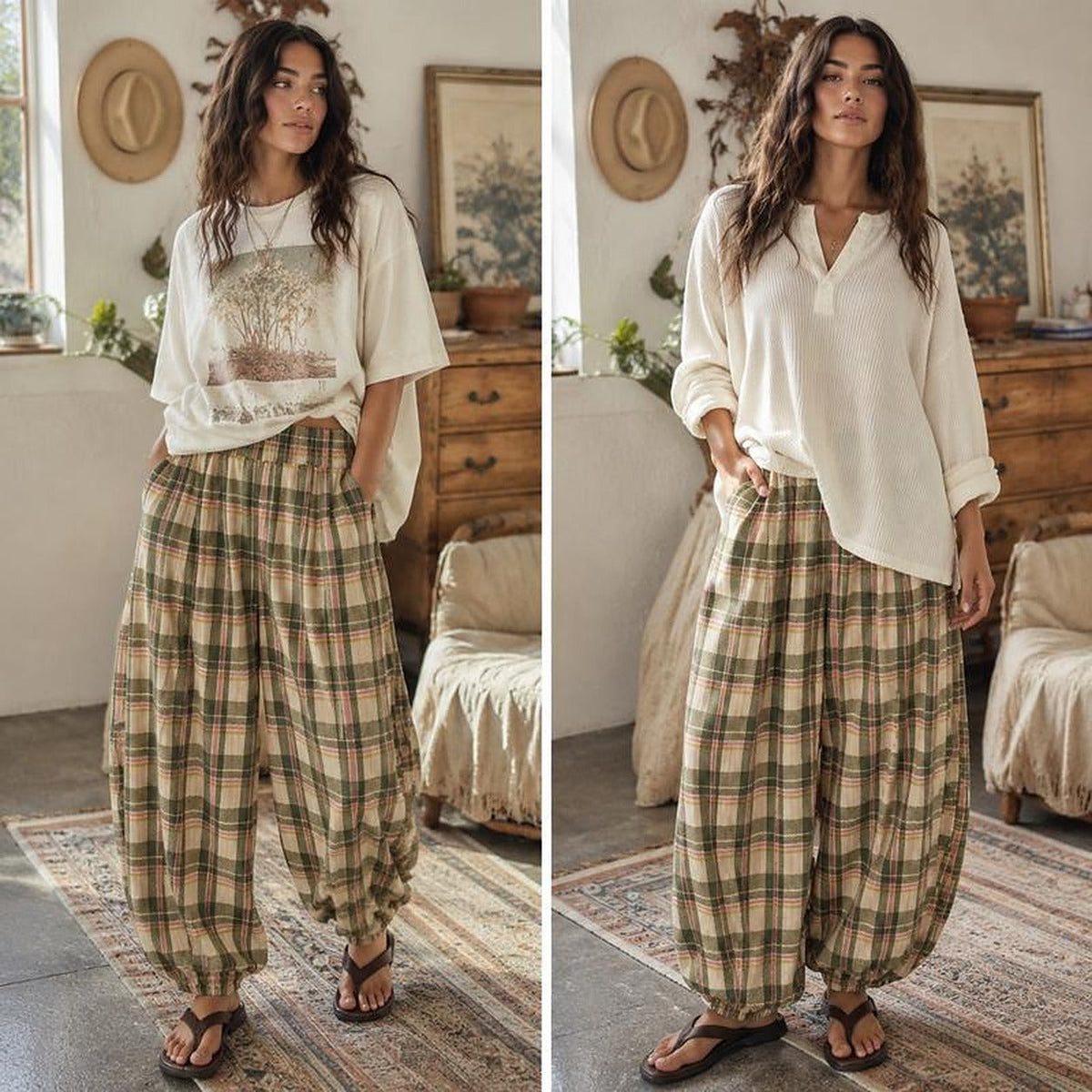 Woman wearing the Boho plaid balloon pants in Khaki with an oversized tee