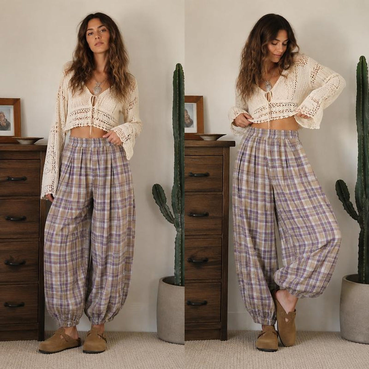 Woman wearing the Boho plaid balloon pants in Lavender with a crochet cardigan