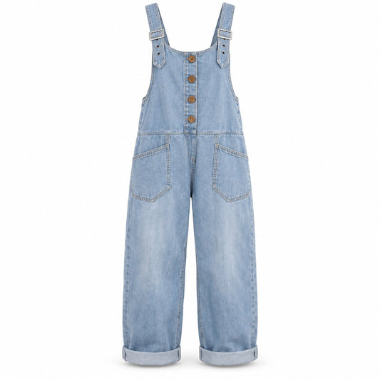 Easyalls Loose Fit Denim Overalls in Light Blue, front view on white