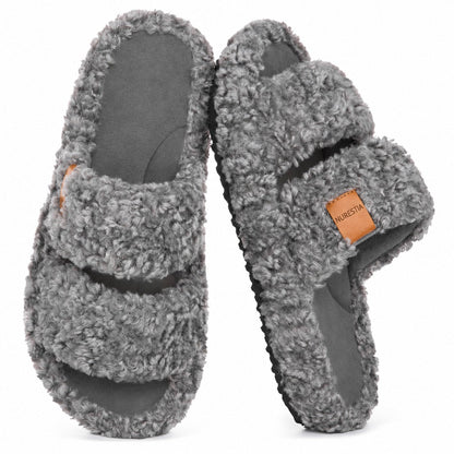 Fuzzy memory foam slides in Cool Gray, pair on white