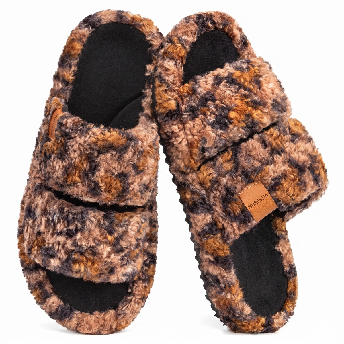 Fuzzy memory foam slides in Diva Spots, pair on white