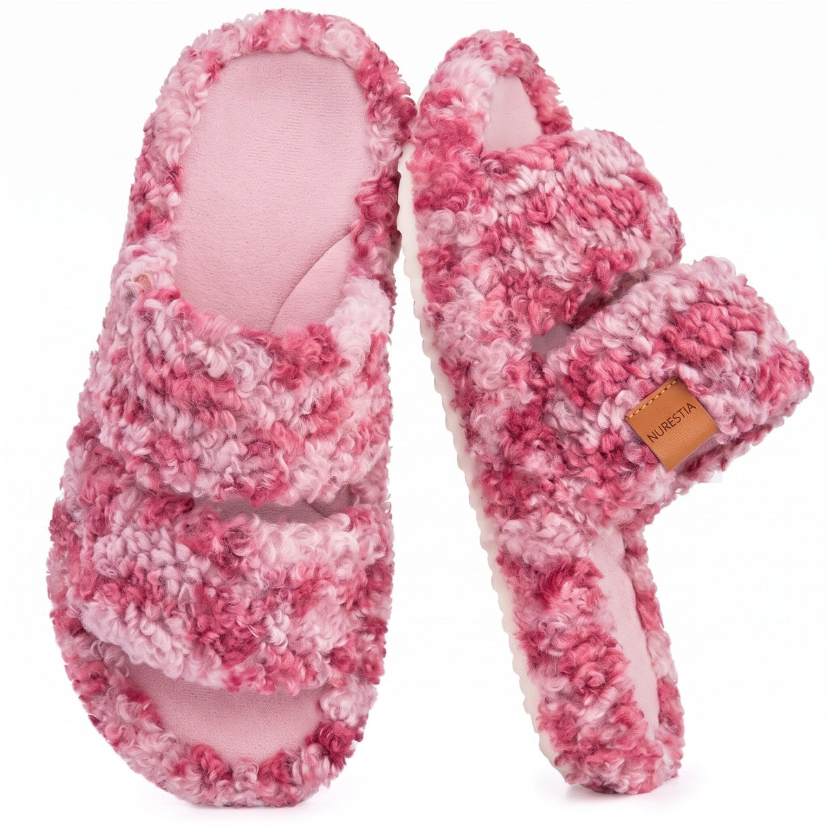 Fuzzy memory foam slides in Diva Wild Pink, pair on white