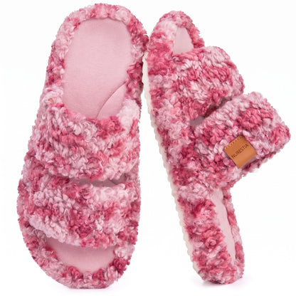 Fuzzy memory foam slides in Diva Wild Pink, pair on white