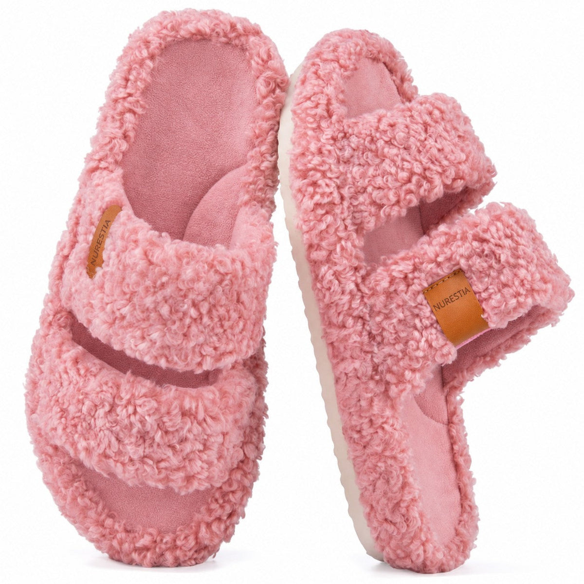 Fuzzy memory foam slides in Dusty Rose, pair on white