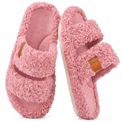 Fuzzy memory foam slides in Dusty Rose, pair on white
