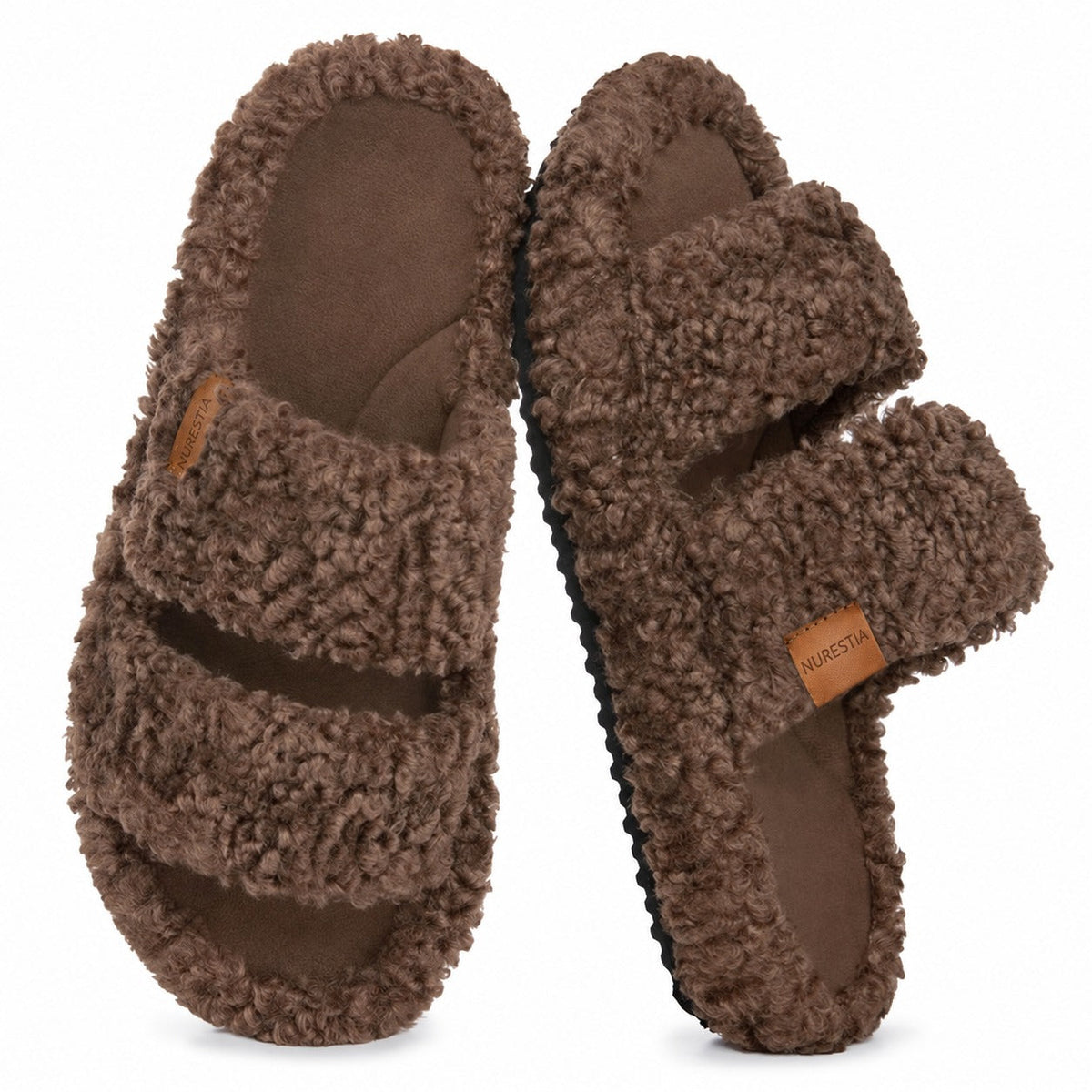 Fuzzy memory foam slides in Elegant Mocha, pair on white