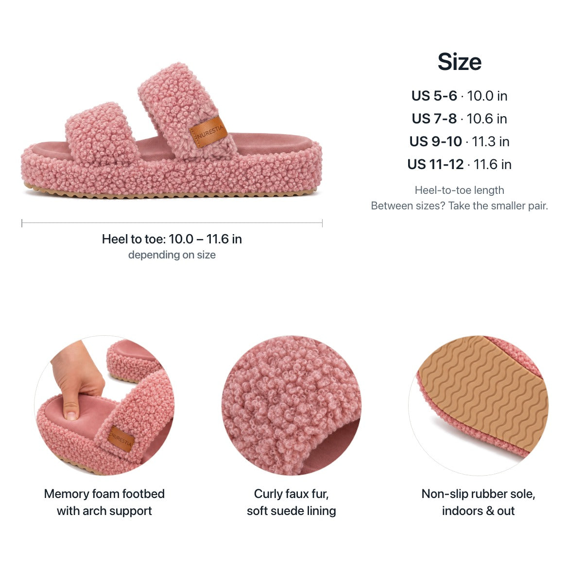 Fuzzy features: women's US sizes 5 to 12, memory foam footbed with arch support, curly faux fur, non-slip rubber sole