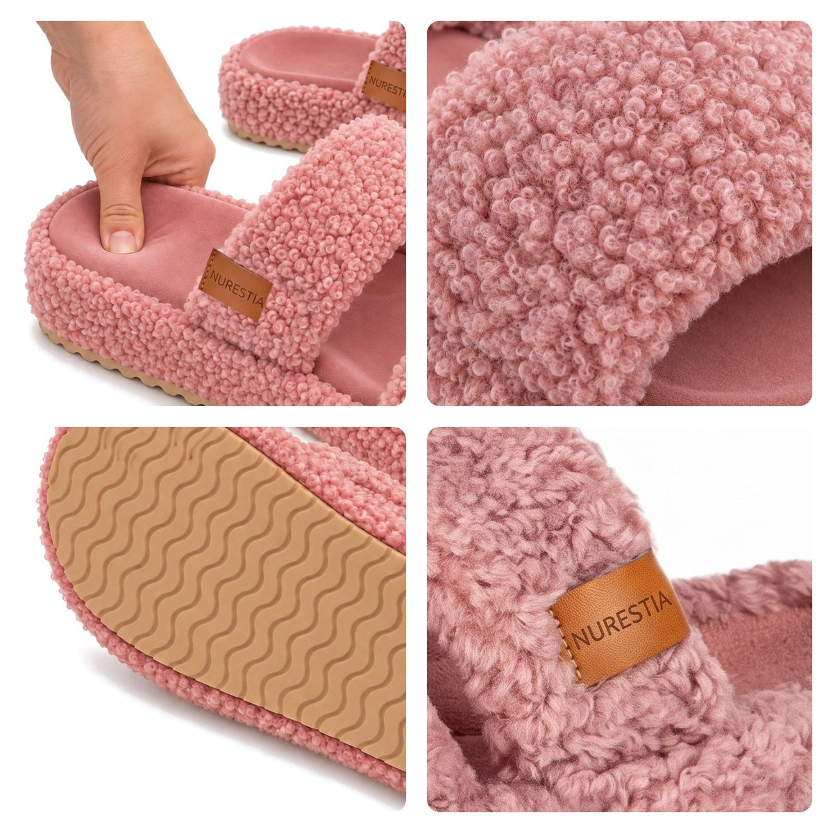 Fuzzy slides close-ups: memory foam footbed, curly faux fur, wavy rubber sole, NURESTIA tag