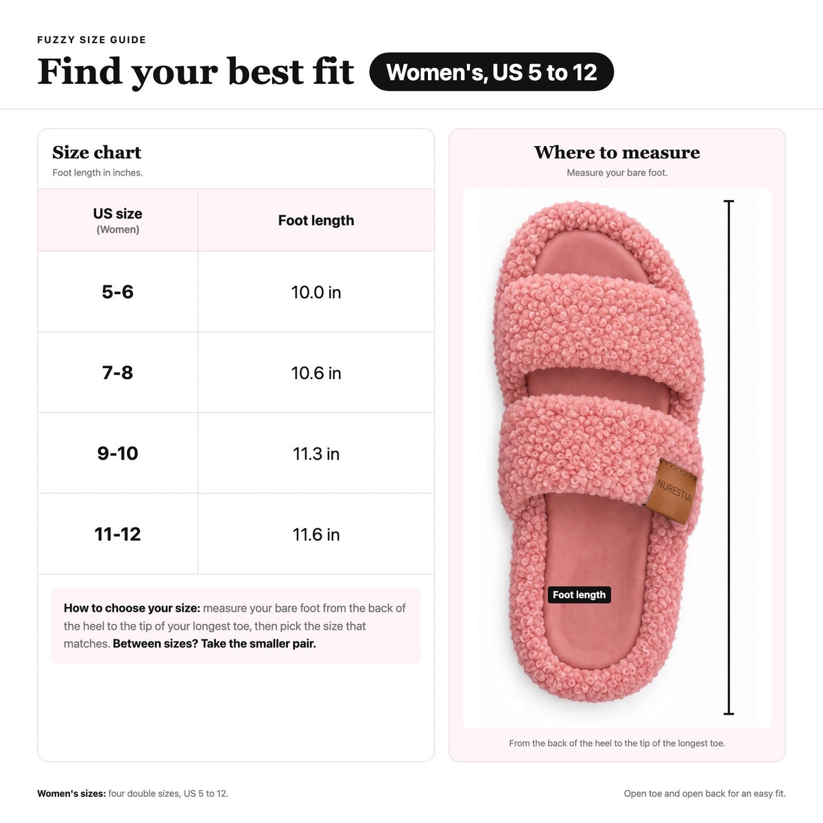 Fuzzy size guide: women's US sizes 5 to 12 and foot length in inches