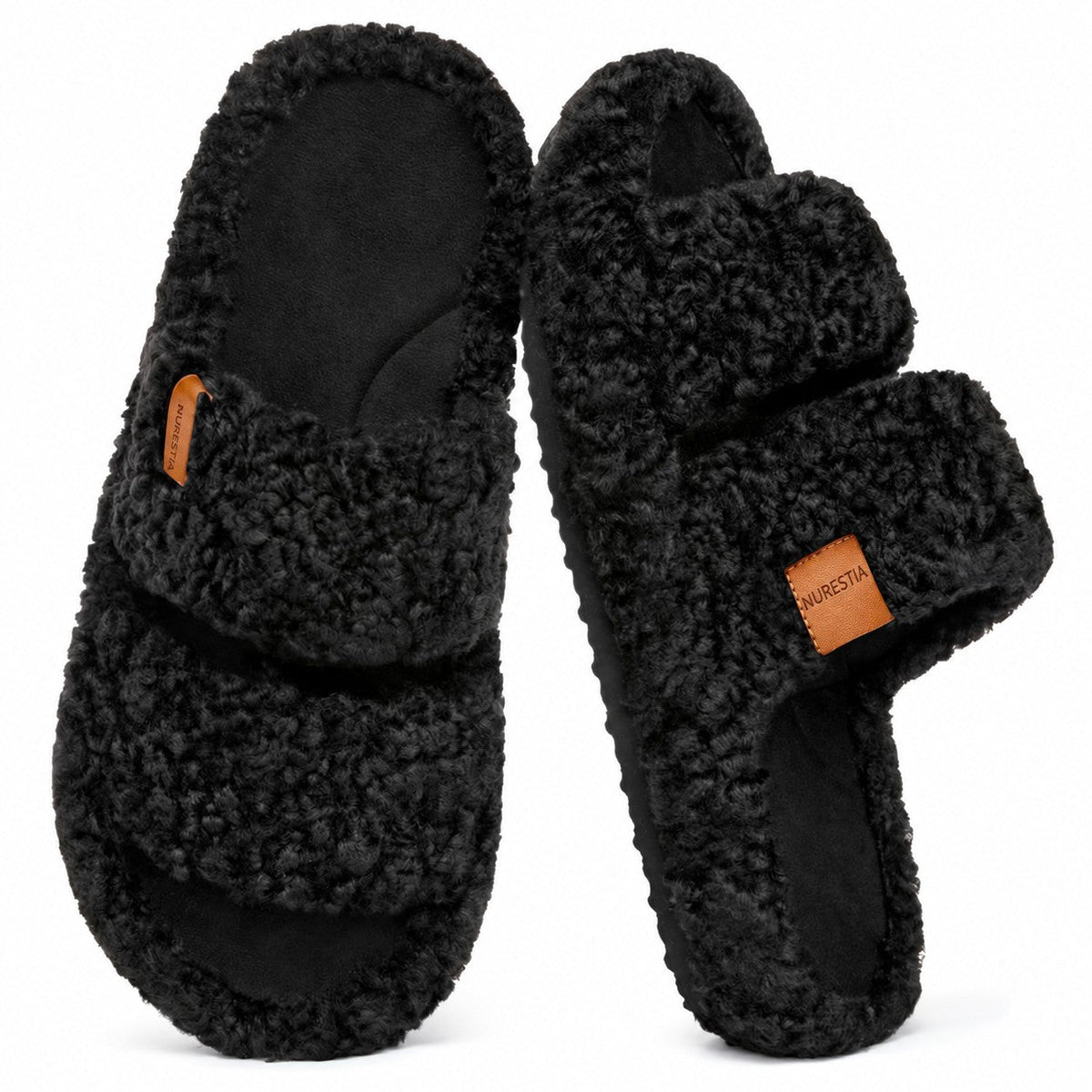 Fuzzy memory foam slides in Matt Black, pair on white