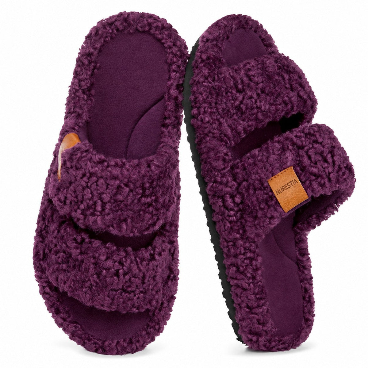 Fuzzy memory foam slides in Plum Violet, pair on white