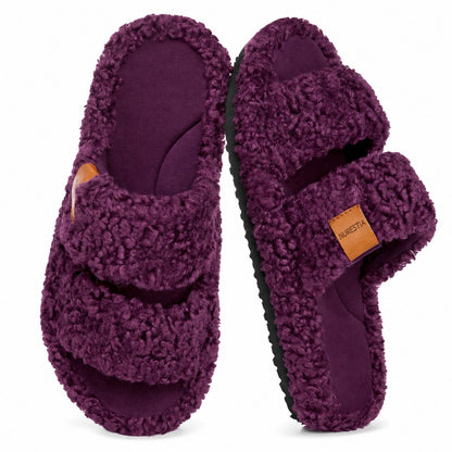 Fuzzy memory foam slides in Plum Violet, pair on white