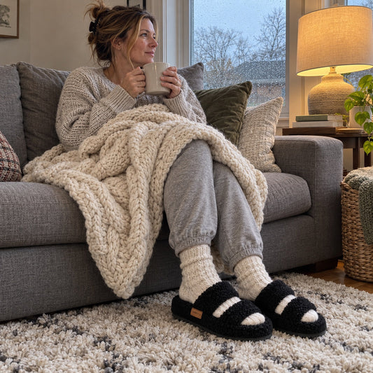 Woman curled up on her sofa under a knit throw with a hot drink, wearing Fuzzy slides in Matt Black with thick socks