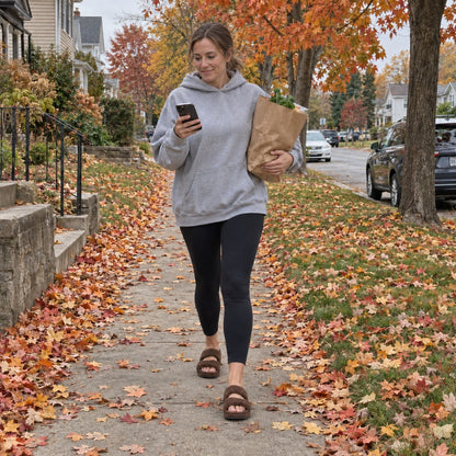 Woman wearing Fuzzy slides in Elegant Mocha at home