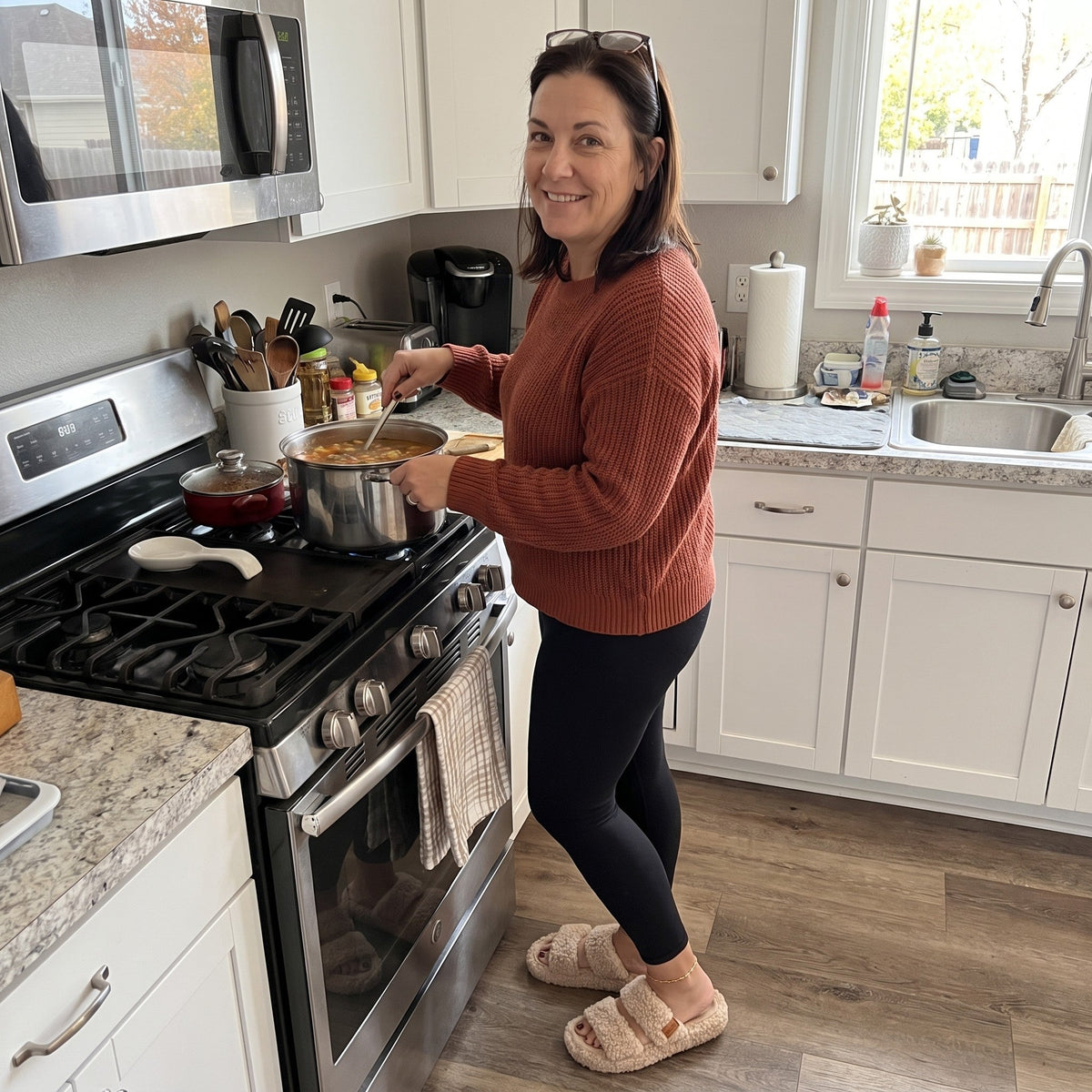 Woman wearing Fuzzy slides in Vintage Khaki at home