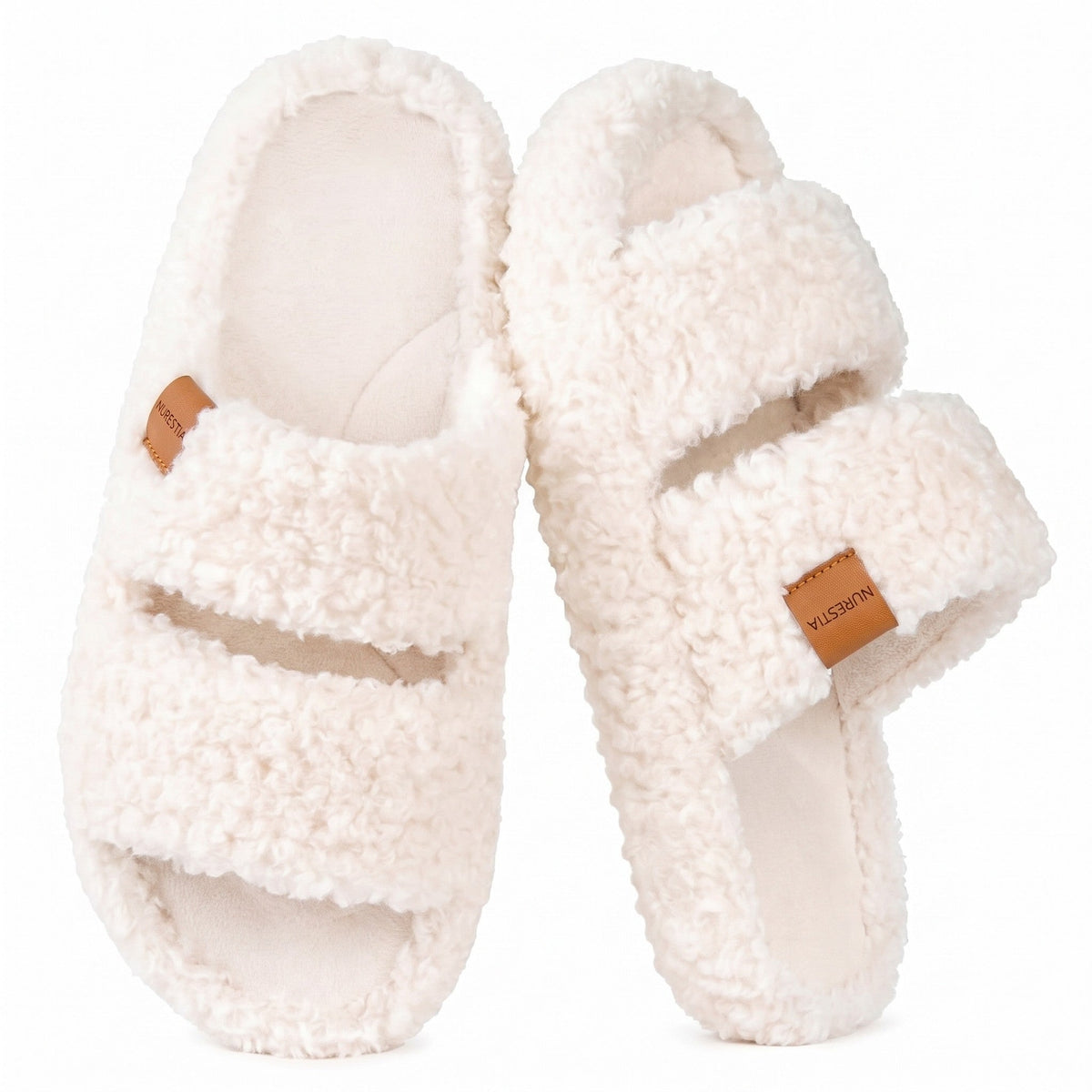 Fuzzy memory foam slides in Vanilla Ice, pair on white