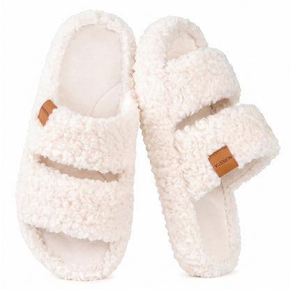 Fuzzy memory foam slides in Vanilla Ice, pair on white
