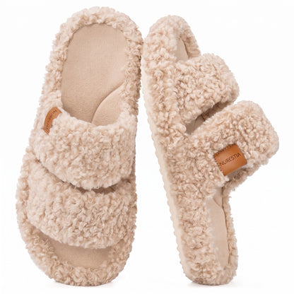 Fuzzy memory foam slides in Vintage Khaki, pair on white