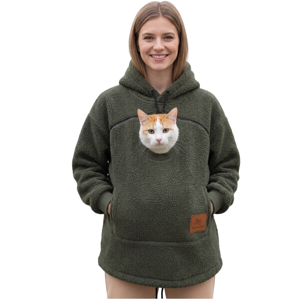 Meowdie cat pocket hoodie in Green, cat peeking out of the zip pouch