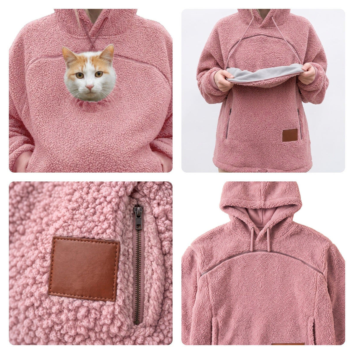 Meowdie details: cat peeking out under the zip, opening the pouch, thick sherpa with leather label, zip closed with round drawstrings