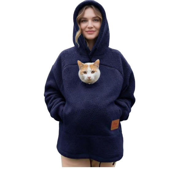 Meowdie cat pocket hoodie in Navy, cat peeking out of the zip pouch