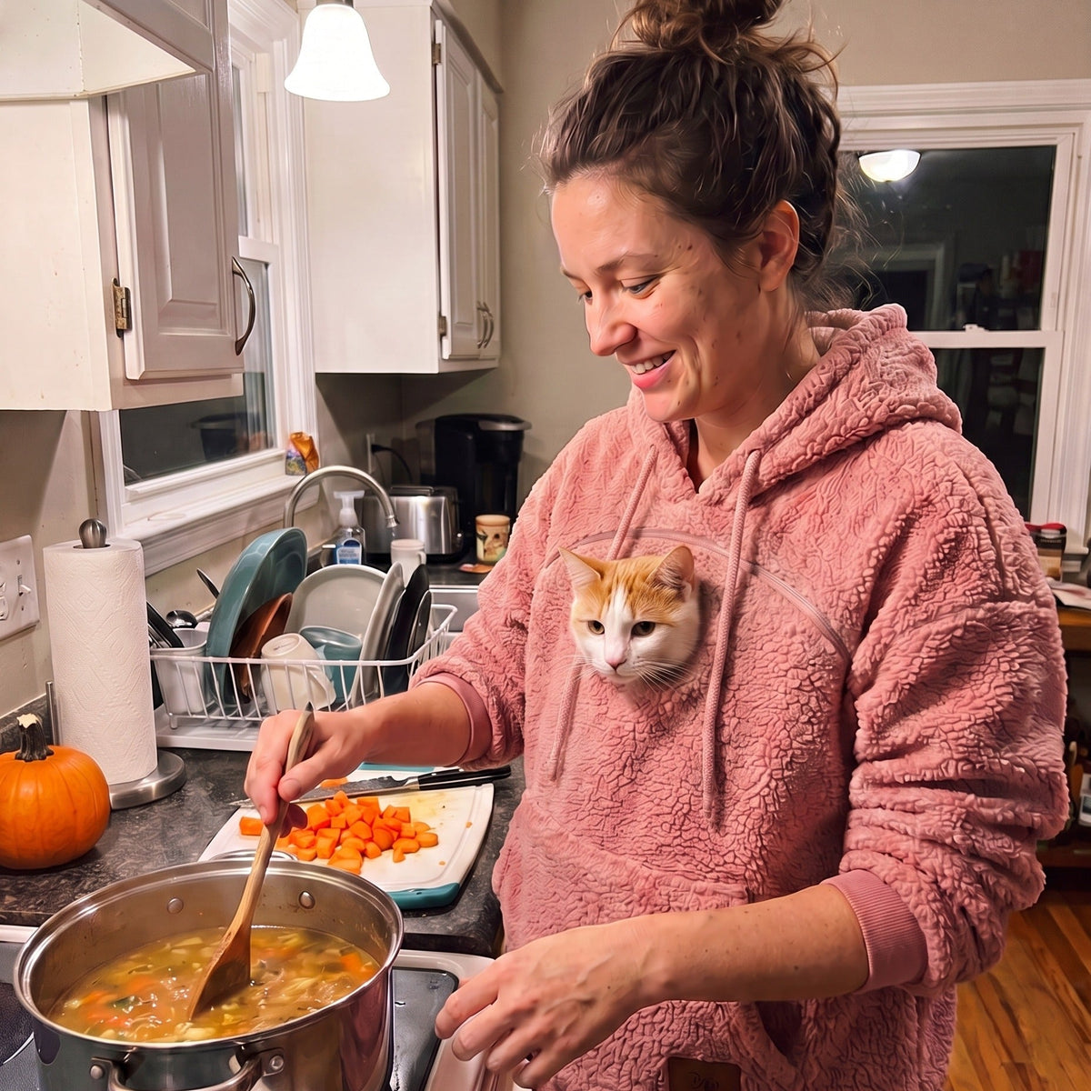 Woman cooking in the Meowdie cat pocket hoodie in Pink, cat peeking out of the pouch