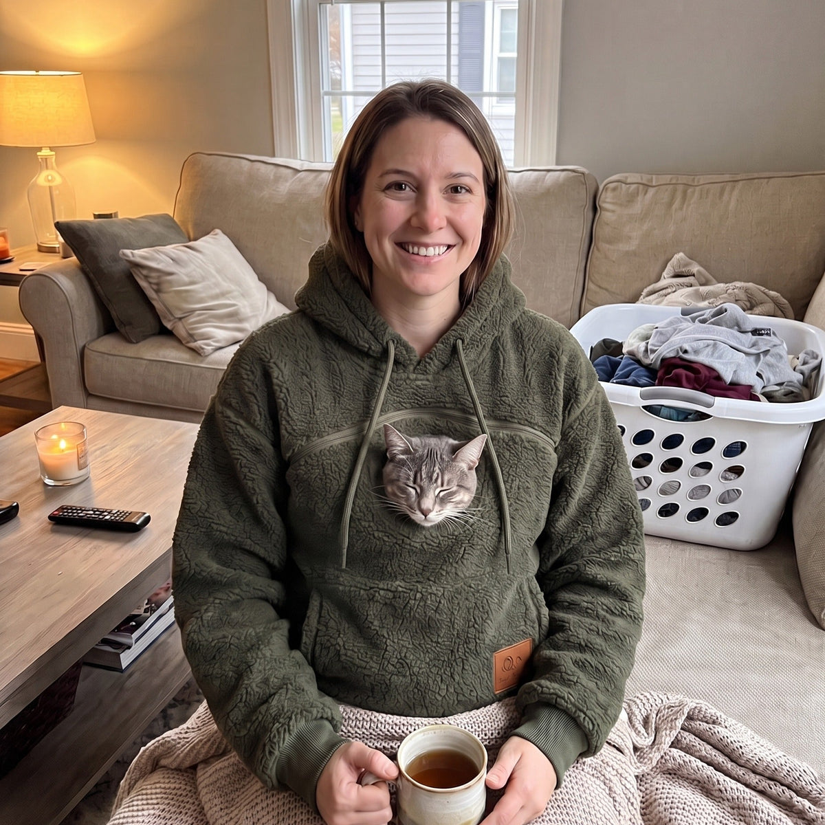 Woman relaxing on her couch at home in the Meowdie cat pocket hoodie in Green, cat snuggled in the pouch