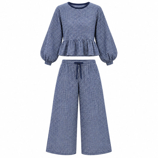 Peppy gingham two-piece set in Navy, shown on a white background