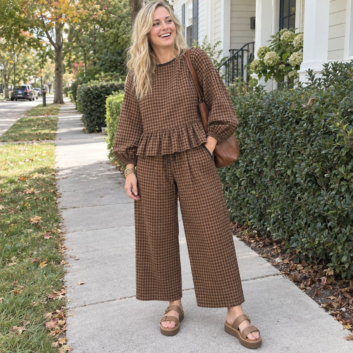 Woman wearing the Peppy gingham set in Coffee on a neighbourhood street