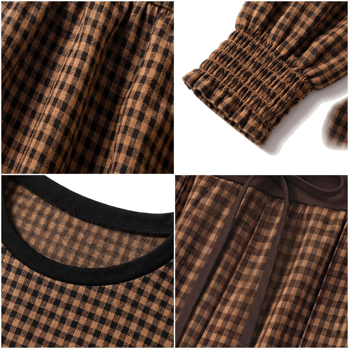 Close-ups of the Peppy set: ruffle hem, shirred cuff, bound crew neck, slanted pocket and waist tie