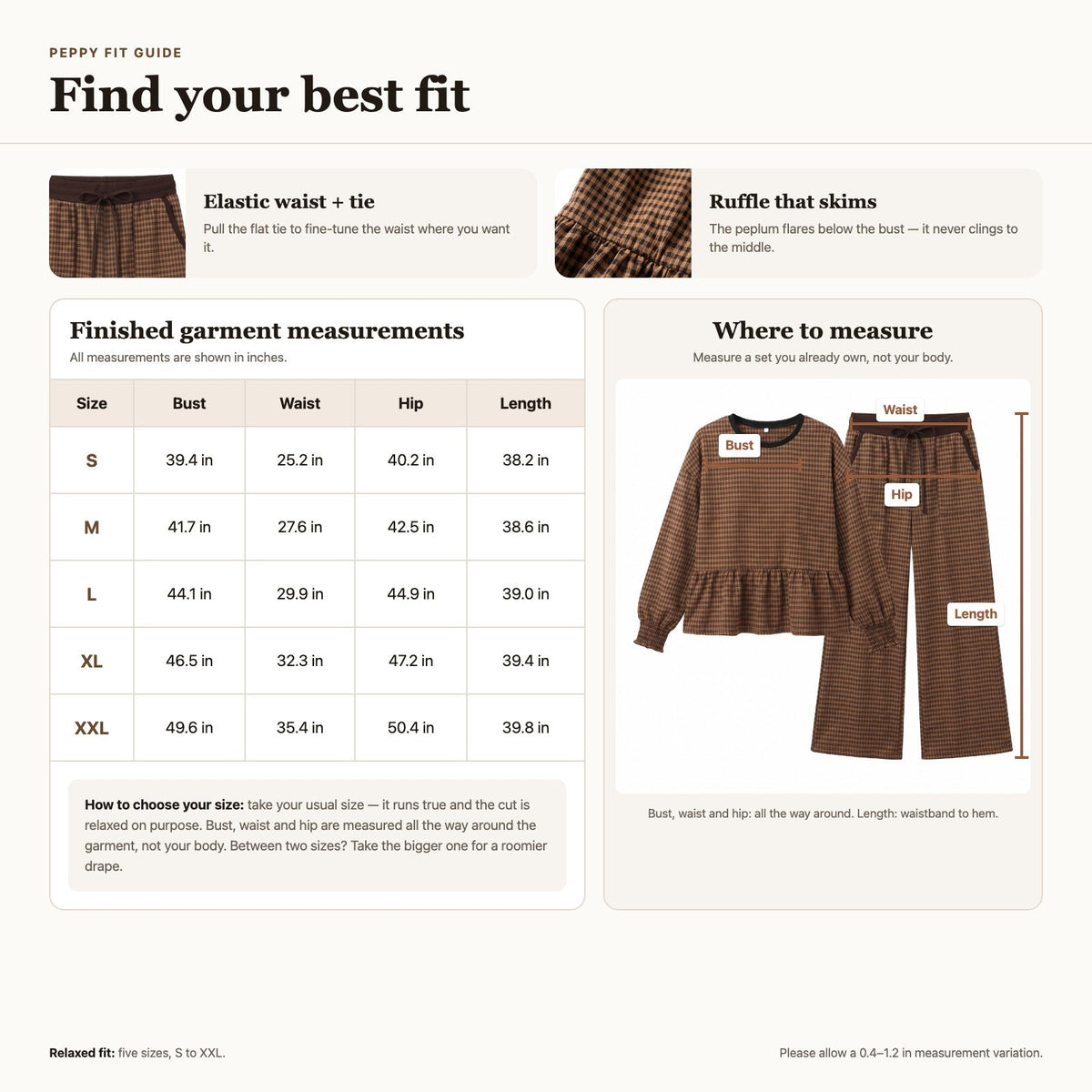 Peppy fit guide, Find your best fit, finished garment measurements S to XXL