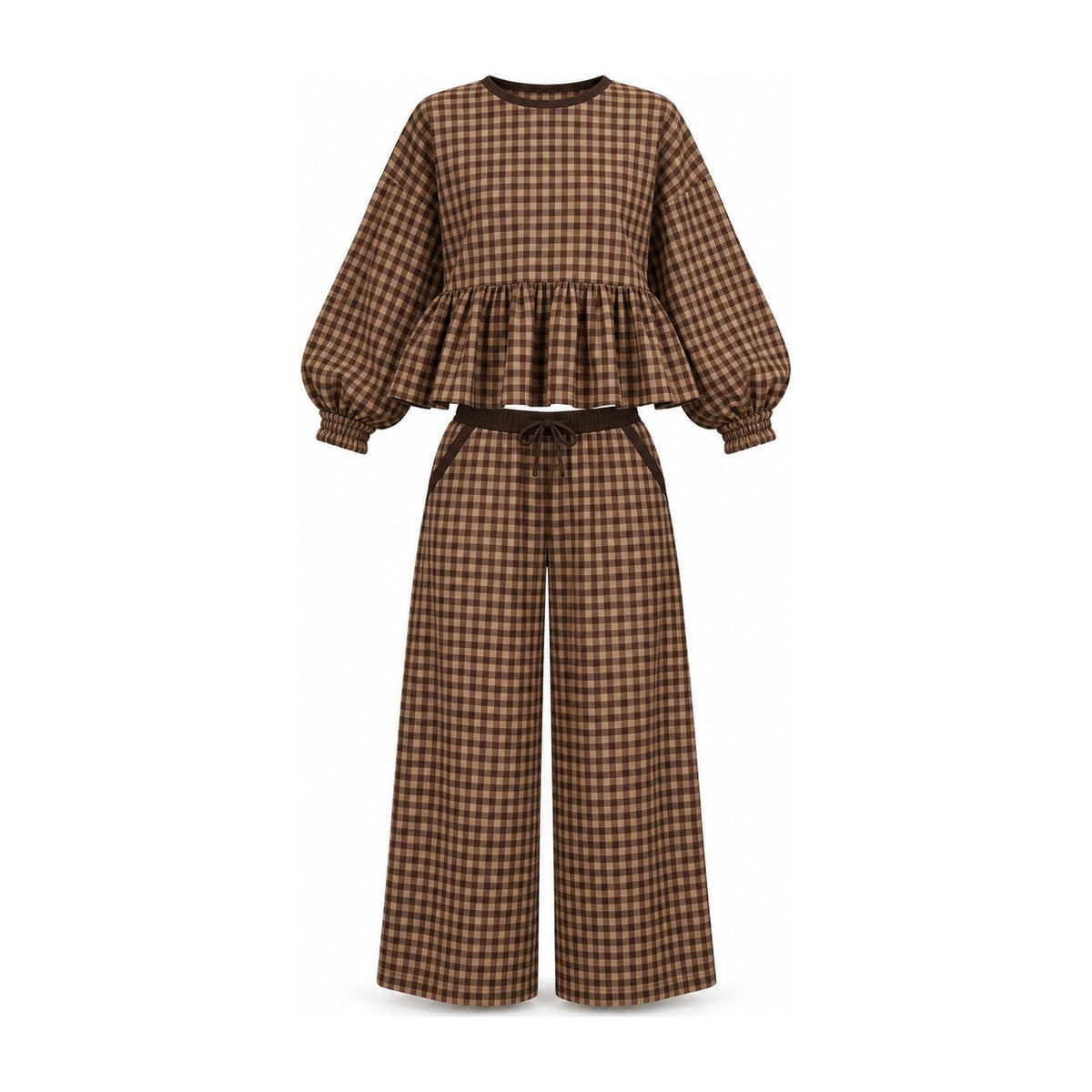Peppy gingham two-piece set in Coffee, shown on a white background