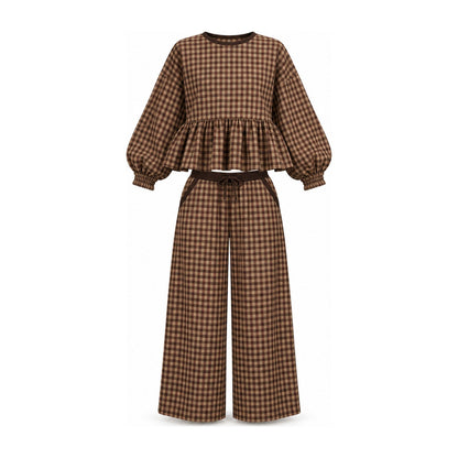 Peppy gingham two-piece set in Coffee, shown on a white background