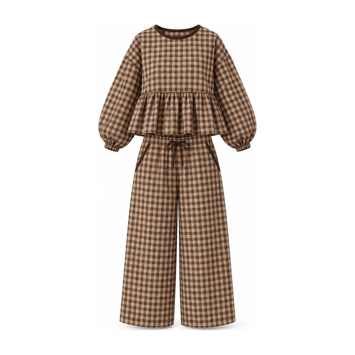 Peppy gingham two-piece set in Brown, shown on a white background