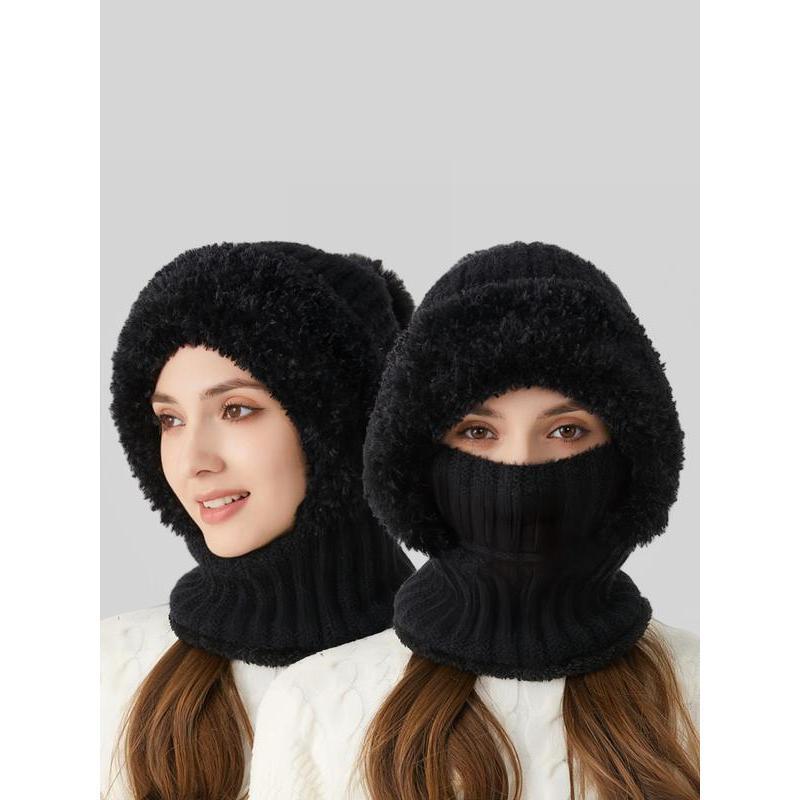 Pom Pom Ear Hooded Beanie – Black