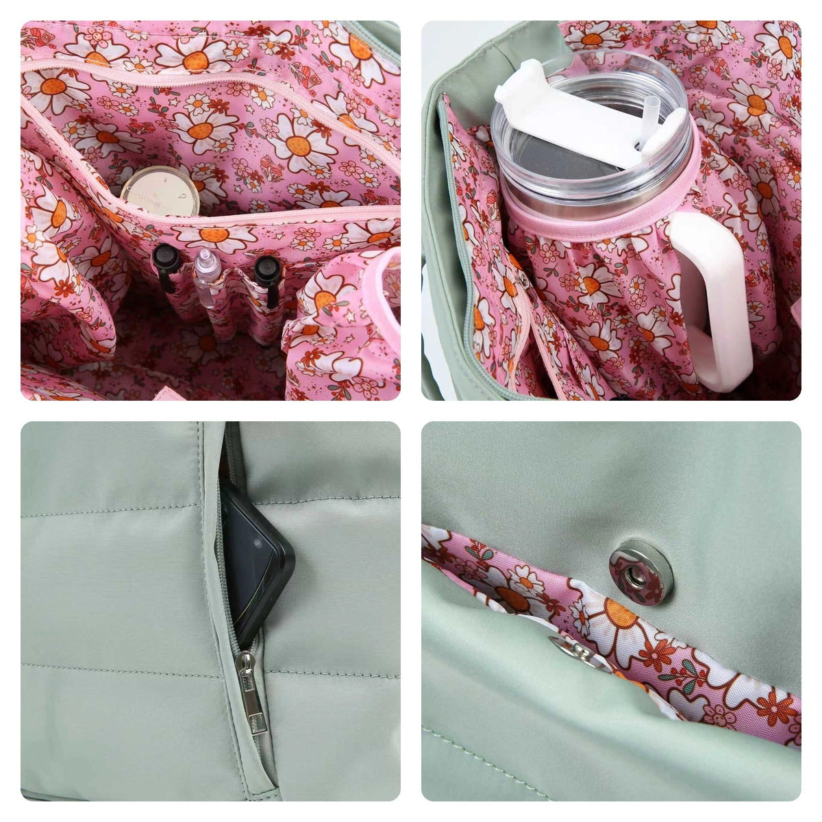 Close-ups: floral inner pockets, inner cup holder, front zip pocket, magnetic snap