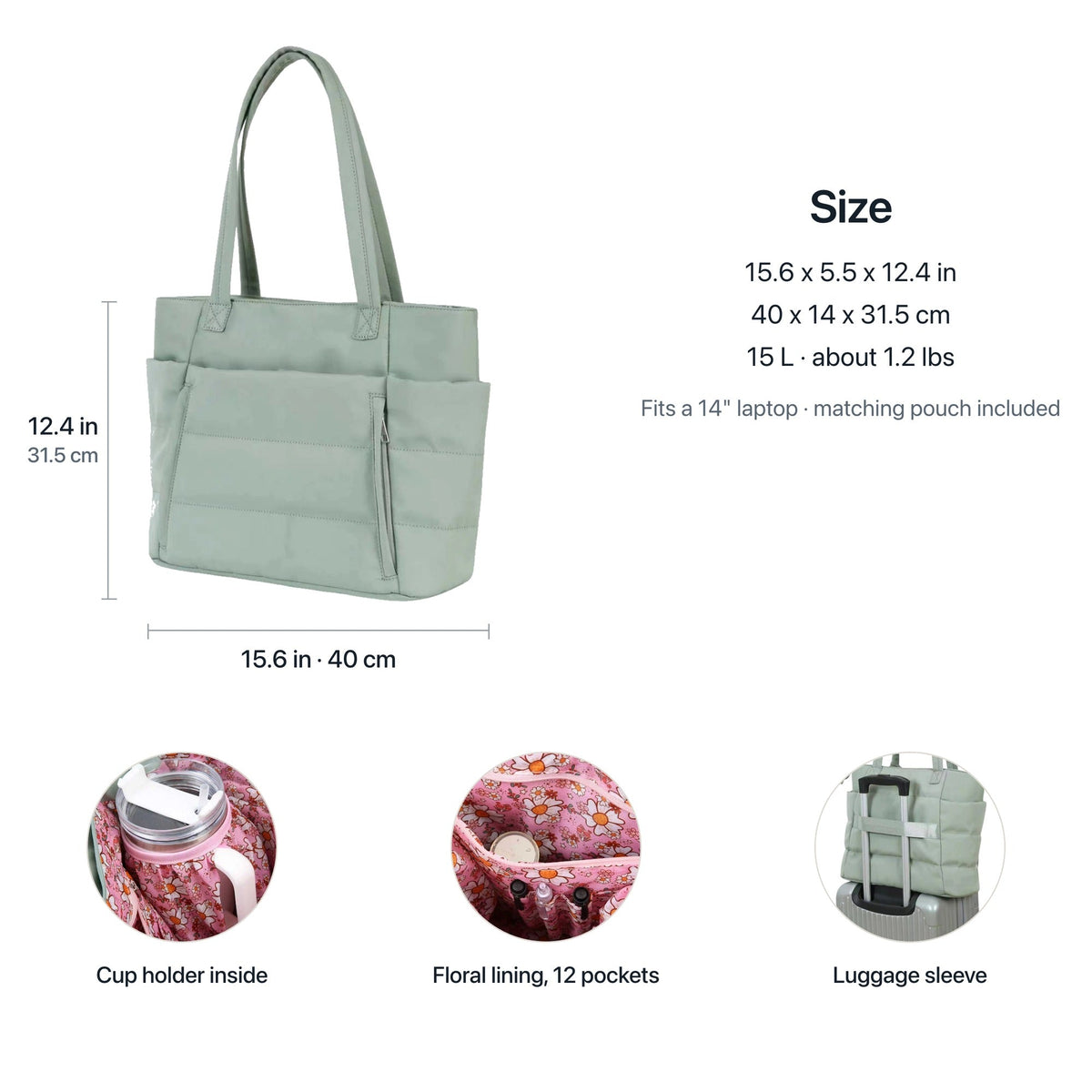 Puffy tote dimensions: 15.6 x 5.5 x 12.4 in, 15 L, fits a 14 inch laptop