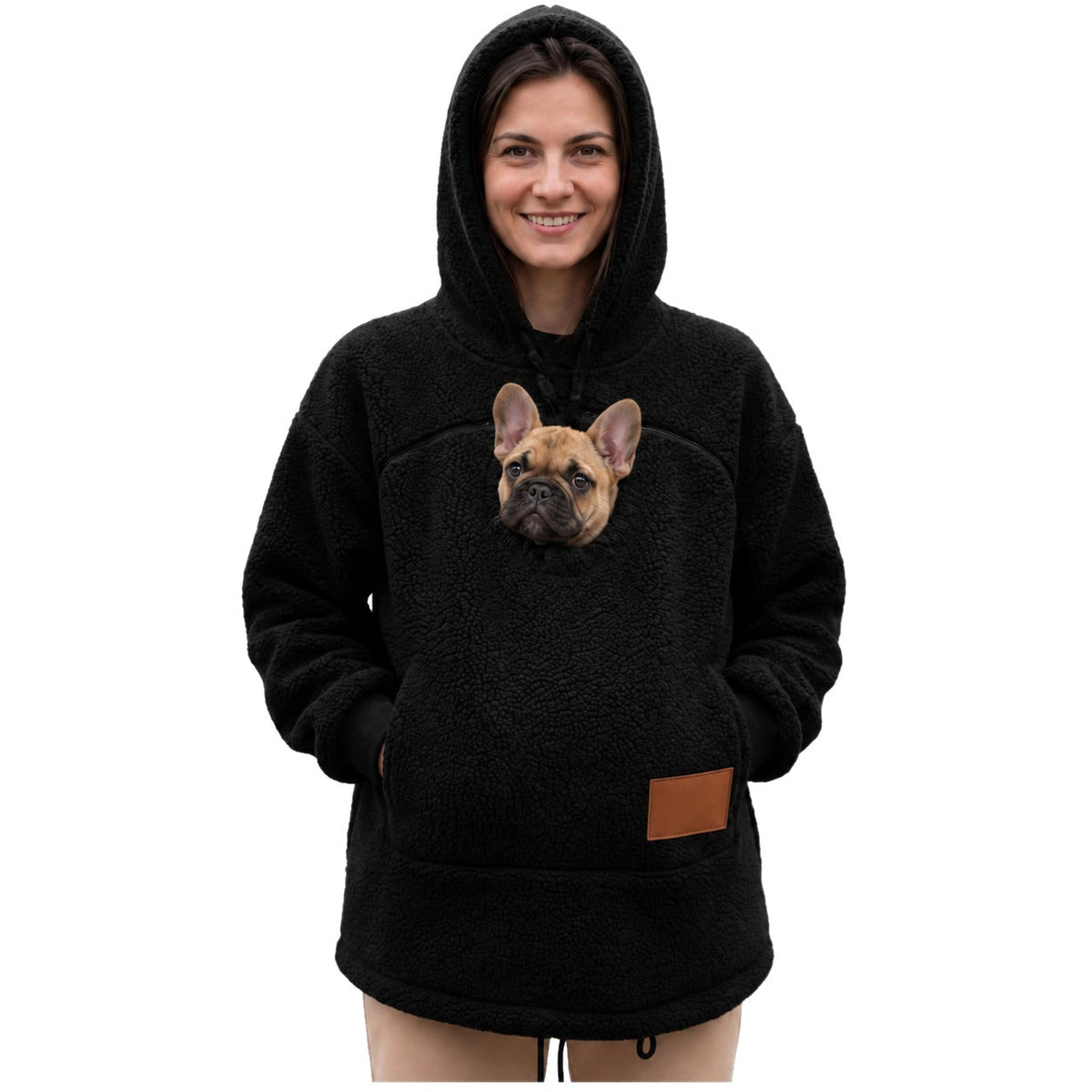 Woofdie dog pocket hoodie in Black, French Bulldog puppy in the zip pouch