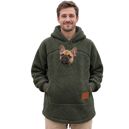 Woofdie dog pocket hoodie in Green, French Bulldog puppy in the zip pouch