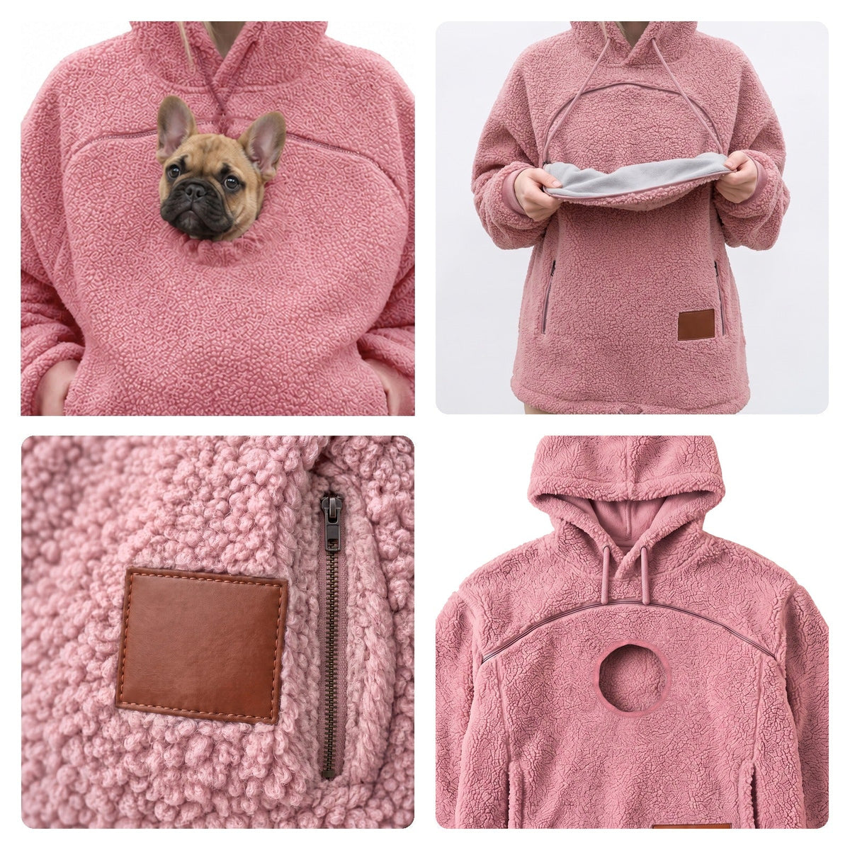 Woofdie details: dog pouch, wide zip opening, leather patch and zip hand pocket, round opening under the closed zip